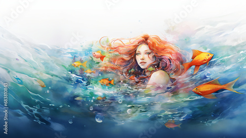 赤いウェーブの髪の人魚が、海の中で振り返っている水彩イラスト