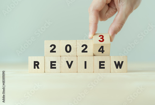 2023 annual review, business and customer review for business strategic planning in the next year 2024. Learning, improvement, planning and development. End of year business concept.