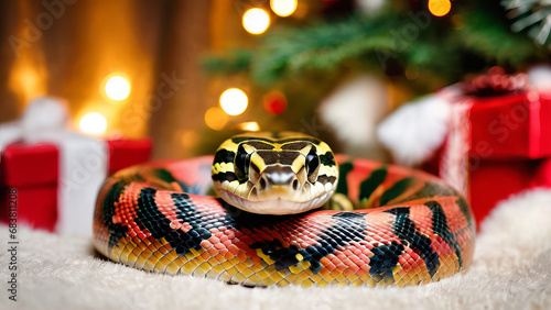 a portrait of a cute Christmas Snake, soft light, Christmas background with giant presents and Christmas tree, cute animal, Xmas, funny, joy. Generative AI
 photo
