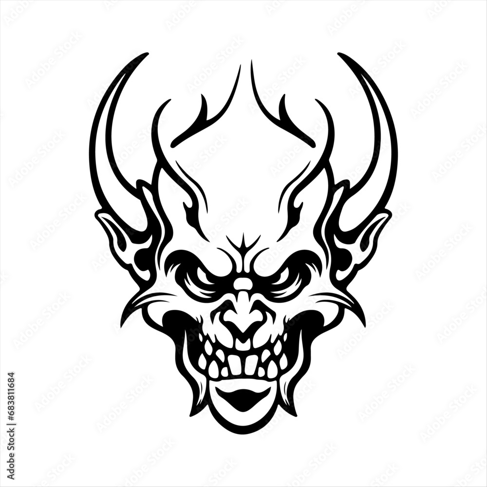 Silhouette devil face icon. Vector illustration design. tattoo and t-shirt design black and white hand drawn horned devil head face Demon head, Devil horn mask Scary mask isolated on white