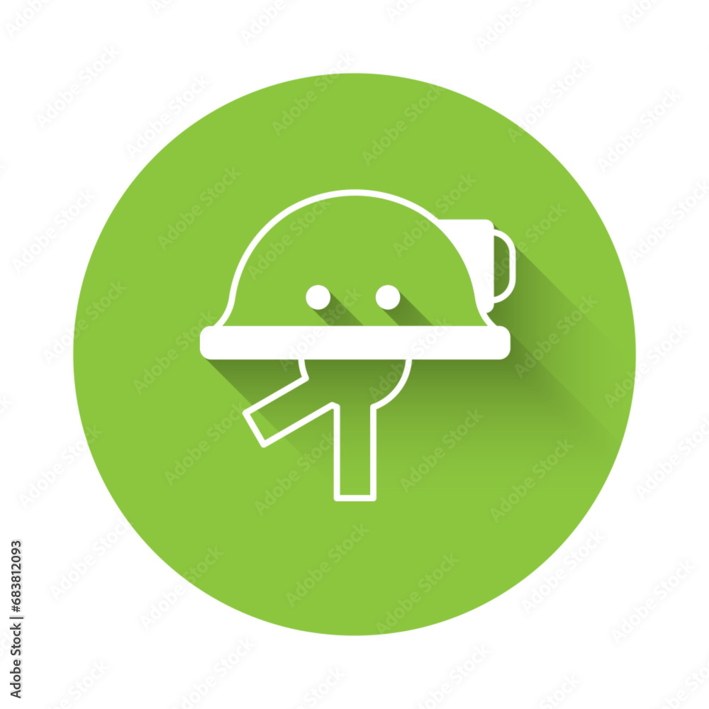 White Miner helmet icon isolated with long shadow background. Green circle button. Vector White Miner helmet icon isolated with long shadow background. Green circle button. Vector