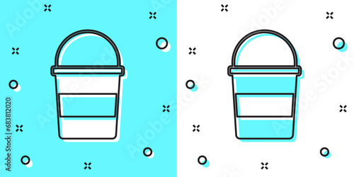 Black line Fire bucket icon isolated on green and white background. Metal bucket empty or with water for fire fighting. Random dynamic shapes. Vector