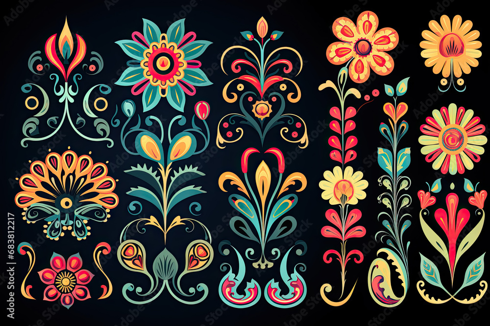 Vector set of indian paisley elements on black background. Vector set of ornate floral elements for design in Eastern style. Vector set of indian paisley elements on black background. Vector set of ornate floral elements for design in Eastern style.