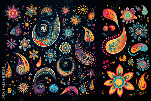 Vector set of indian paisley elements on black background. Vector set of ornate floral elements for design in Eastern style. photo