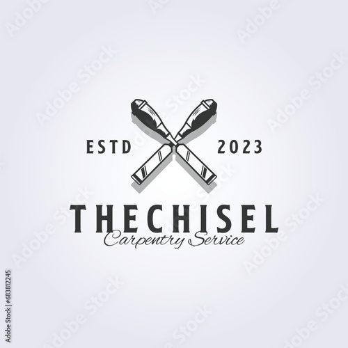 chisel tool for carpenter logo vector illustration vintage design, crossing chisel