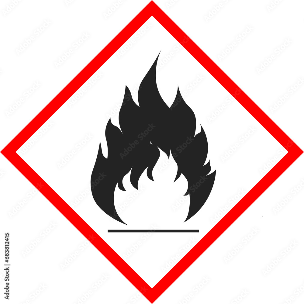 Isolated rectangle sign of flammable material, gas, oxygen, fuel with illustration fire flame for industrial area, danger, safety sign Isolated rectangle sign of flammable material, gas, oxygen, fuel with illustration fire flame for industrial area, danger, safety sign