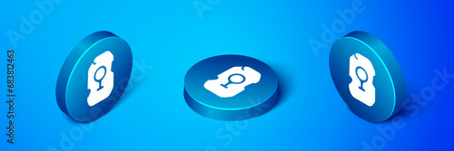 Isometric Magic rune icon isolated on blue background. Rune stone. Blue circle button. Vector