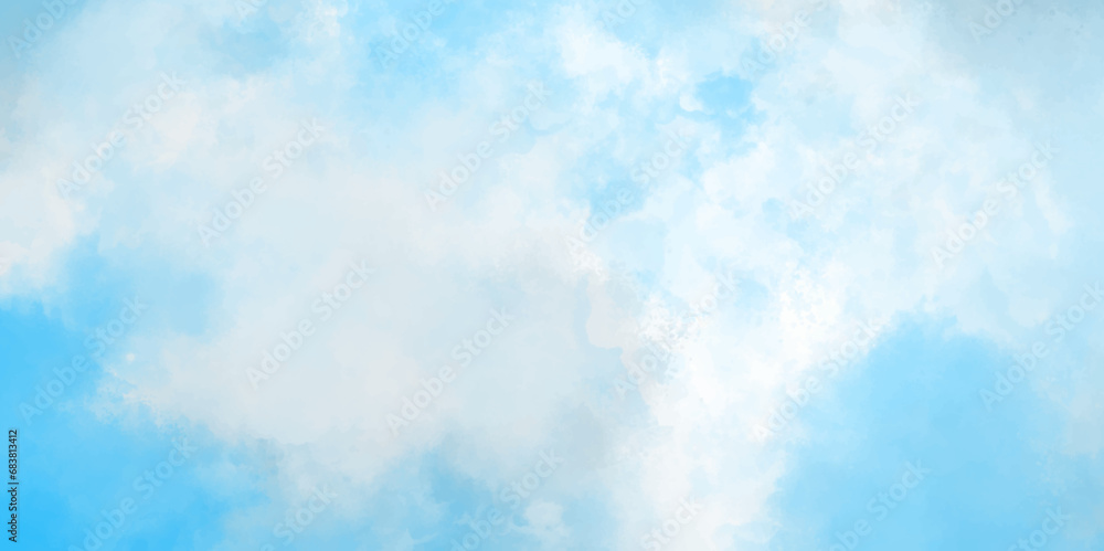 Blue sky with clouds. Light sky blue shades Hand painted watercolor sky and clouds, abstract watercolor background Panorama sky and clouds of winter morning, Fluffy, puffy, fresh and shiny clouds