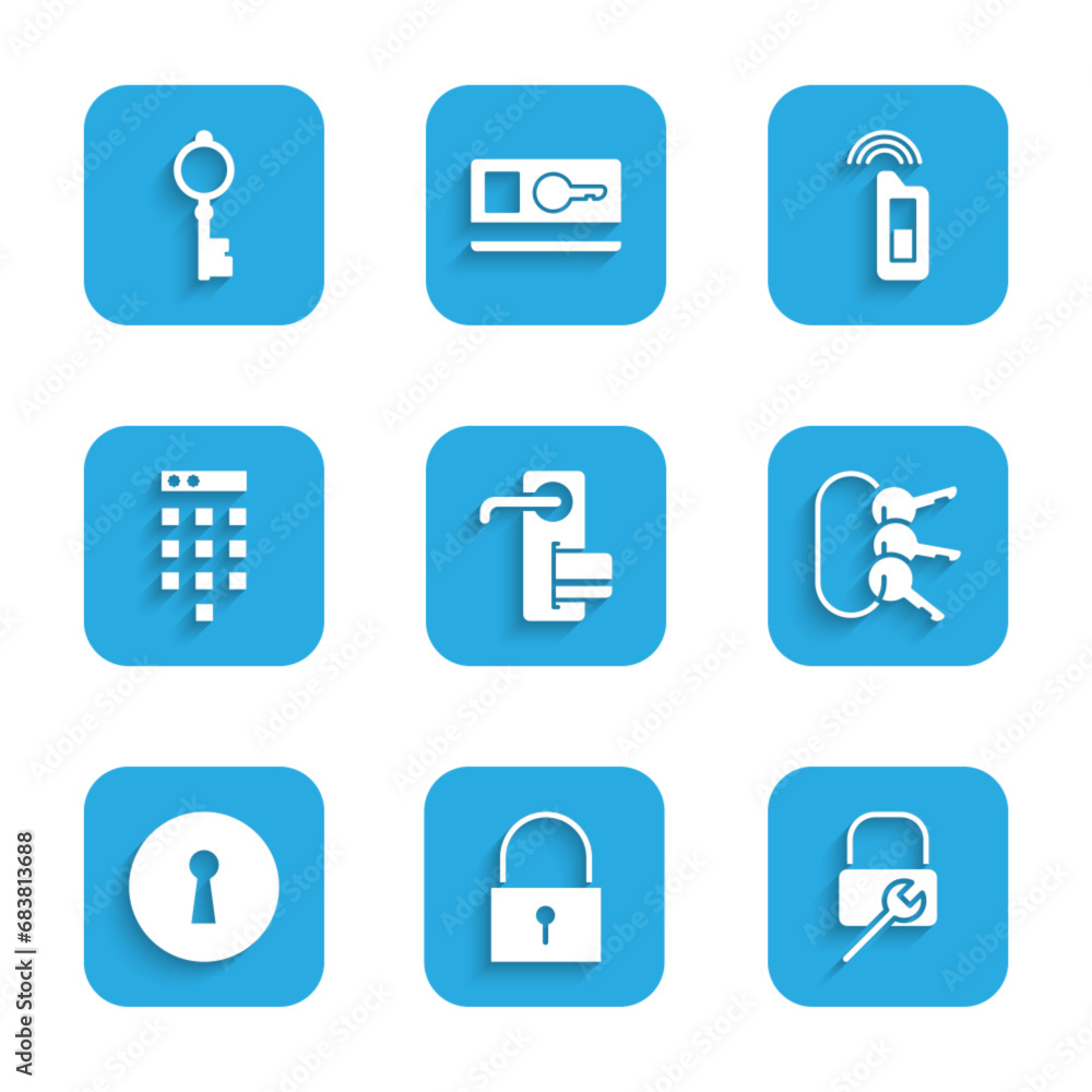 Set Digital door lock, Lock, repair, Bunch of keys, Keyhole, Password protection, Car with remote and Old icon. Vector Set Digital door lock, Lock, repair, Bunch of keys, Keyhole, Password protection, Car with remote and Old icon. Vector