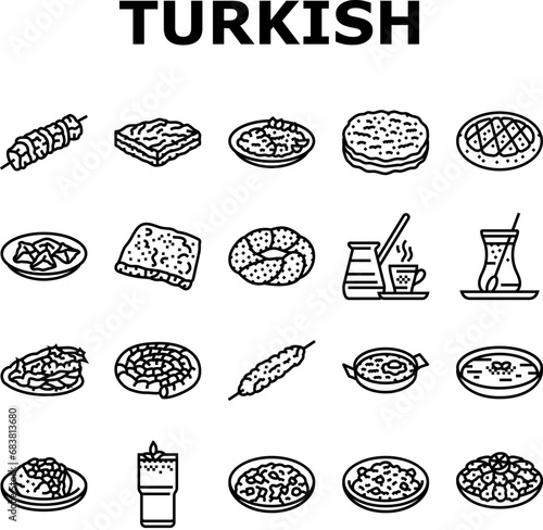 turkish cuisine food meal icons set vector. dinner traditional, dish arab, delicious table, gourmet arabian, meze, plate turkish cuisine food meal black contour illustrations