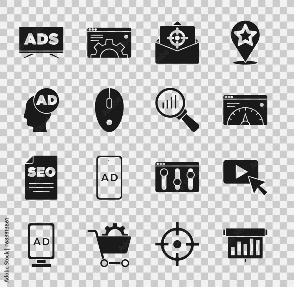 Set Board with graph chart, Advertising, Website statistic, Mail and e-mail, Computer mouse, and Magnifying glass analysis icon. Vector Set Board with graph chart, Advertising, Website statistic, Mail and e-mail, Computer mouse, and Magnifying glass analysis icon. Vector