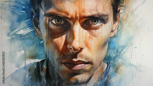 portrait in watercolor, reflective and intense gaze, studio's ambient light, color splashes representing creative chaos
