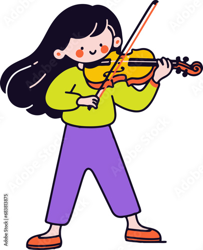 cute girl plays violin in orchestra