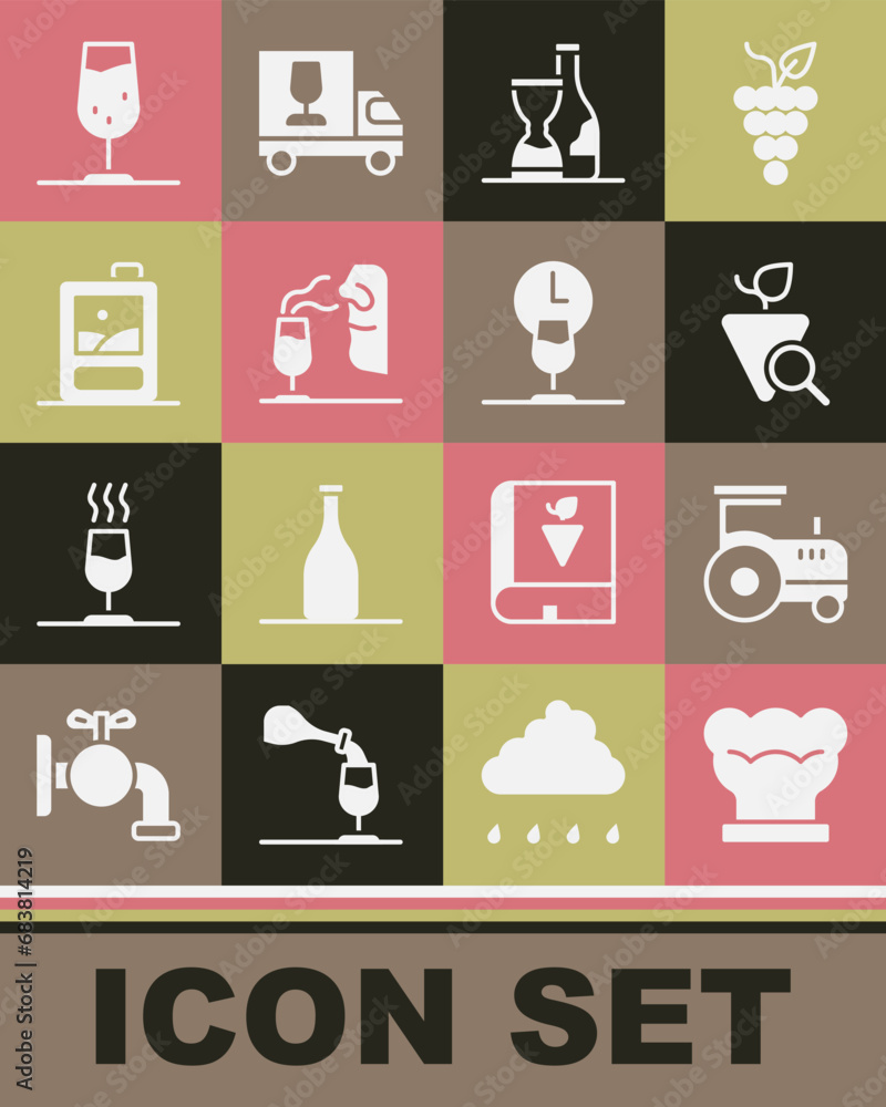 Set Chef hat, Tractor, Grapes, Bottle of wine, Sommelier, Cardboard box, Wine glass and time icon. Vector Set Chef hat, Tractor, Grapes, Bottle of wine, Sommelier, Cardboard box, Wine glass and time icon. Vector