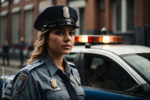 A female police officer wearing a uniform stands near a car on the streets and patrols the streets of the city. © liliyabatyrova