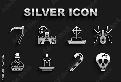 Set Burning candle  Spider  Skull  Christmas candy cane  Bottle with potion  Tombstone cross  Scythe and Castle  fortress icon. Vector