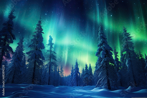 aurora lights over green snowy forests