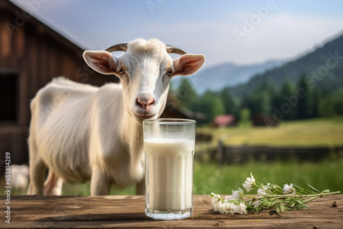 Fresh milk on a wooden table with a goat in a meadow and agricultural farm in the background