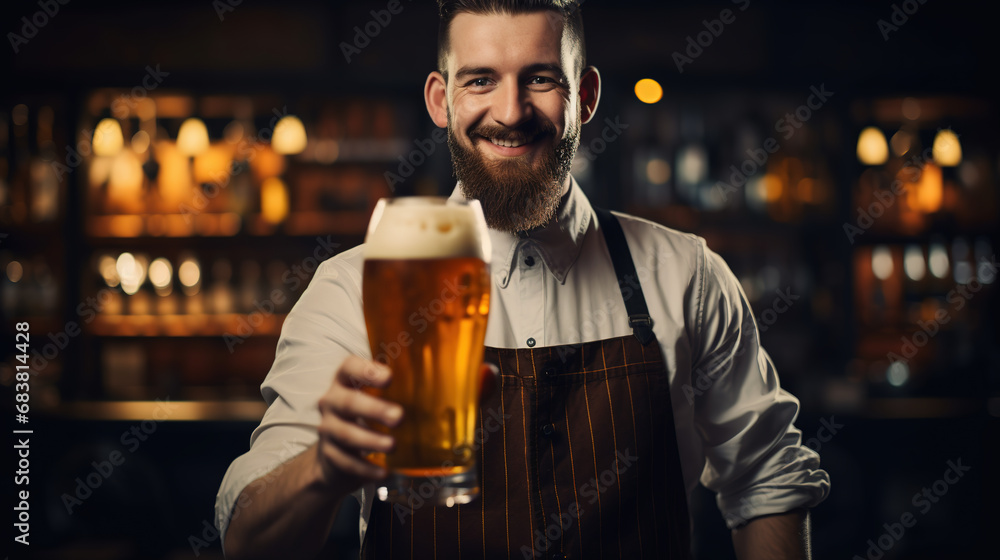 Freshly tapped beer. Bartender holding a freshly tapped glass of beer in his hand with copy space