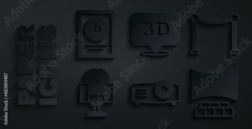 Set Movie, film, media projector, Rope barrier, Director movie chair, Cinema auditorium with screen, 3D word and CD disk award frame icon. Vector