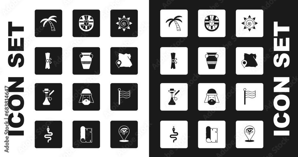 Set Sun, Egyptian vase, Papyrus scroll, Tropical palm tree, Map of, pharaoh, Flag Of and Hookah icon. Vector Set Sun, Egyptian vase, Papyrus scroll, Tropical palm tree, Map of, pharaoh, Flag Of and Hookah icon. Vector