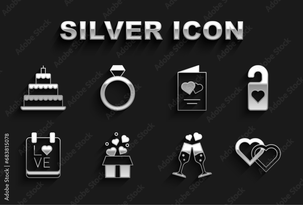 Set Gift box with hearts, Please do not disturb, Two Linked Hearts, Glass of champagne, Calendar February 14, Valentines day flyer, Wedding cake and rings icon. Vector Set Gift box with hearts, Please do not disturb, Two Linked Hearts, Glass of champagne, Calendar February 14, Valentines day flyer, Wedding cake and rings icon. Vector