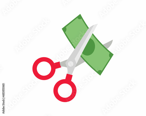 Cost reduction or cut-price money with scissors cutting money.