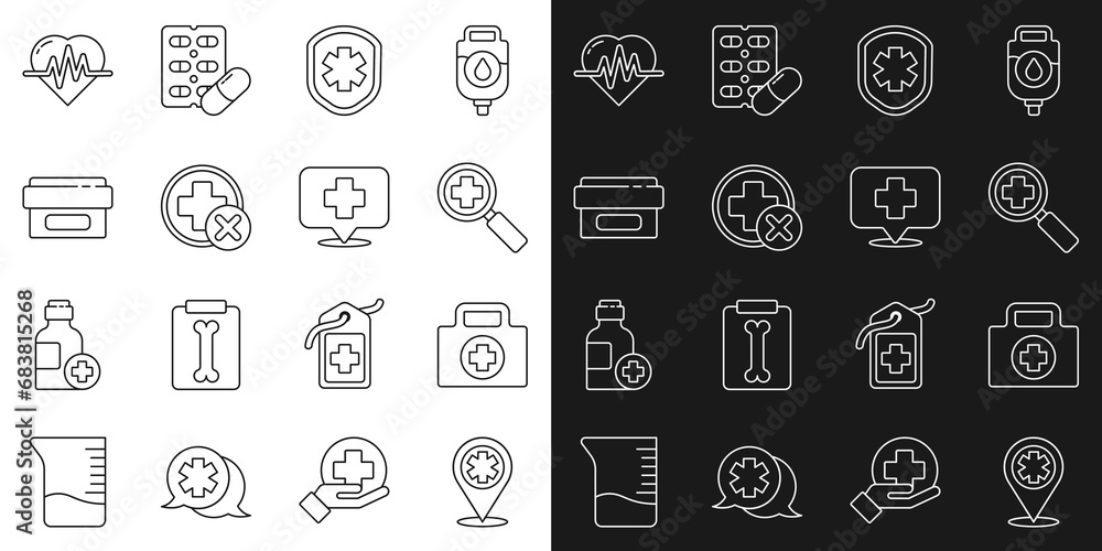 Set line Map pointer with cross hospital, First aid kit, Magnifying glass for search medical, Medical shield, Cross, Ointment cream tube medicine, Heart rate and icon. Vector Set line Map pointer with cross hospital, First aid kit, Magnifying glass for search medical, Medical shield, Cross, Ointment cream tube medicine, Heart rate and icon. Vector