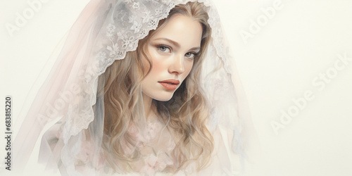 Watercolor portrait of a bride, ethereal and soft, delicate lace details of the veil, subtle blush hues, romantic and dreamy ambiance