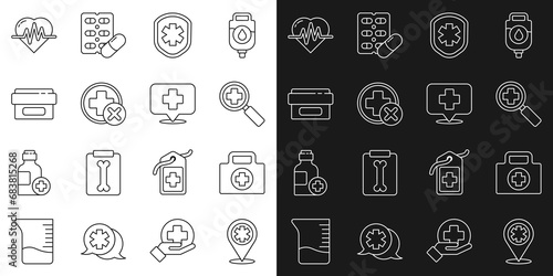 Set line Map pointer with cross hospital, First aid kit, Magnifying glass for search medical, Medical shield, Cross, Ointment cream tube medicine, Heart rate and icon. Vector