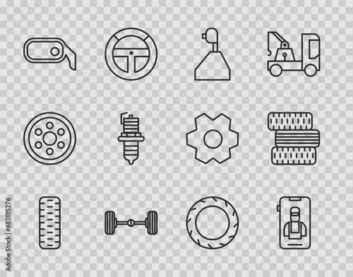 Set line Car tire wheel, Online car services, Gear shifter, Chassis, rearview mirror, spark plug, and icon. Vector