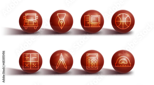 Set line School Bus, Calculator, Basketball ball, Drawing compass, Fountain pen nib, Protractor and Computer monitor icon. Vector