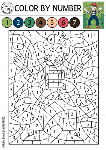 Vector France themed color by number activity with mime. French character scene. Black and white counting game with cute clown in beret and stripy shirt. Coloring page for kids.