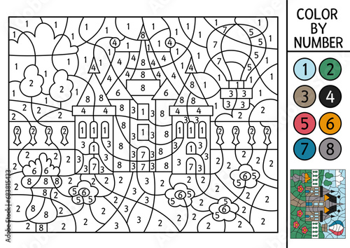 Vector France themed color by number activity with castle in the park. French landscape scene. Black and white counting game with ancient building. Coloring page for kids with garden.