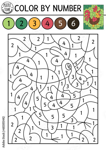 Vector France themed color by number activity with rooster. French traditional animal scene. Black and white counting game with cockerel. Coloring page for kids with cute bird.