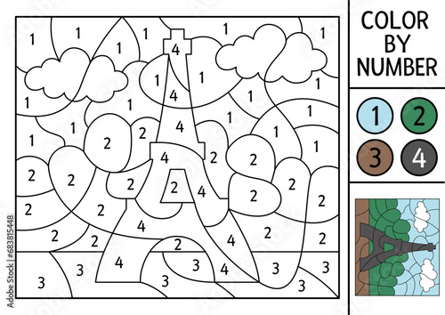 Vector France themed color by number activity with Eiffel Tower in the park. French landscape scene. Black and white counting game with traditional symbol. Coloring page for kids.