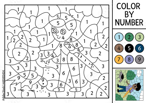 Vector France themed color by number activity with boy feeding pigeon wit baguette. French landscape scene. Black and white counting game with cute dark skinned character. Coloring page for kids.