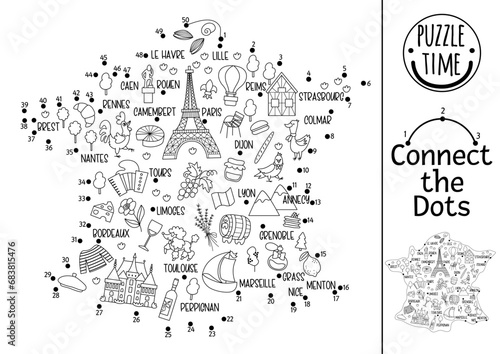 Vector dot-to-dot and color activity with French map, cities, landmarks, symbols. France themed connect the dots game for children. French coloring page for kids. Printable worksheet.