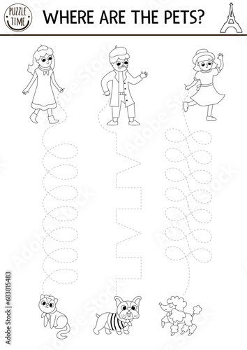 Vector French themed handwriting practice worksheet. French printable black and white activity for kids. Tracing game for writing skills. Coloring page with people and their pets, dogs, cat.