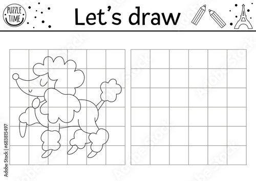 Draw the poodle. Vector France themed drawing practice worksheet with cute animal. Printable black and white activity for kids. French copy or complete the picture coloring page with pet dog . photo