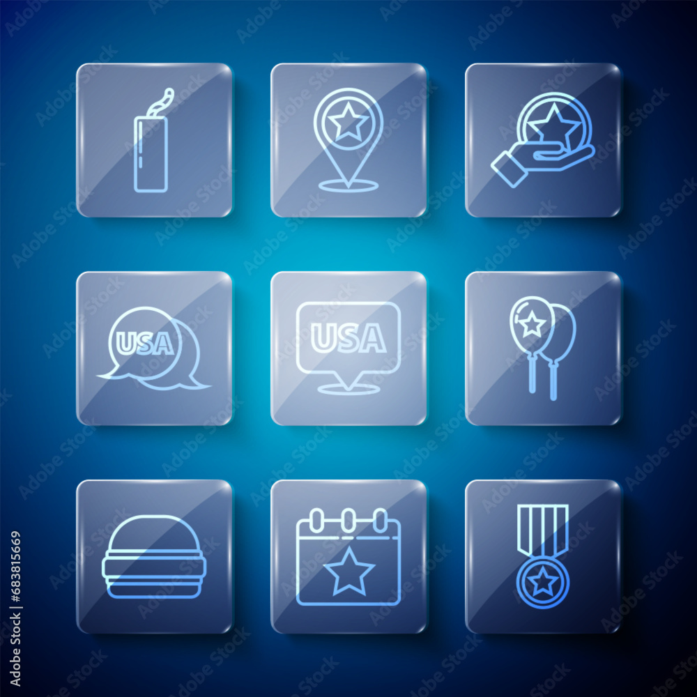 Set line Burger, Calendar with date July 4, Medal star, USA Independence day, label, Dynamite bomb and Balloons icon. Vector Set line Burger, Calendar with date July 4, Medal star, USA Independence day, label, Dynamite bomb and Balloons icon. Vector