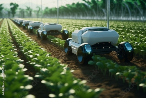Smart agriculture robotic and autonomous tools is running through plant and vegetable fields to check the quality and safety of a farm. Generative AI.