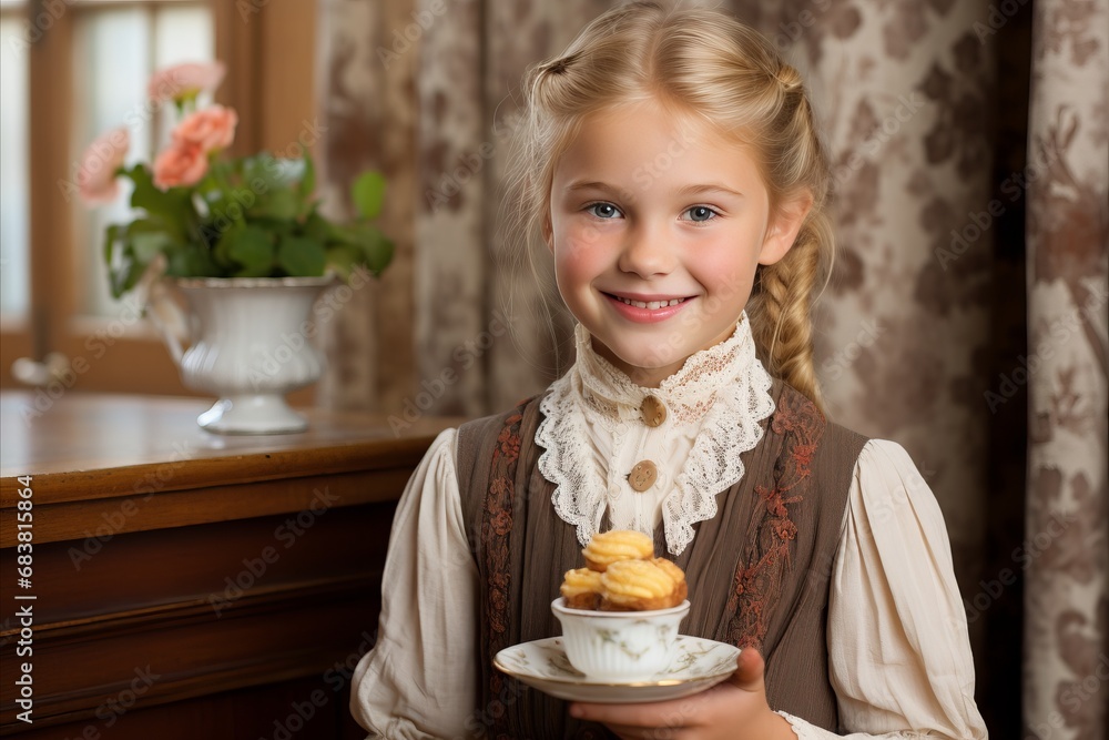 a retrospective portrait of a cute girl in a classic strict dress holding cakes on a saucer