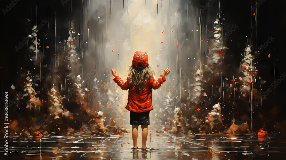 In a mystical winter forest, a child draped in a red hood stands in awe. The scene is bathed in a dreamlike golden haze, with trees glistening as if touched by magic.  - obrazy, fototapety, plakaty 