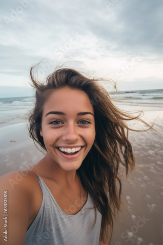 Coastal Radiance: Self-Portrait of Joyful Young Women Embracing Beach Happiness