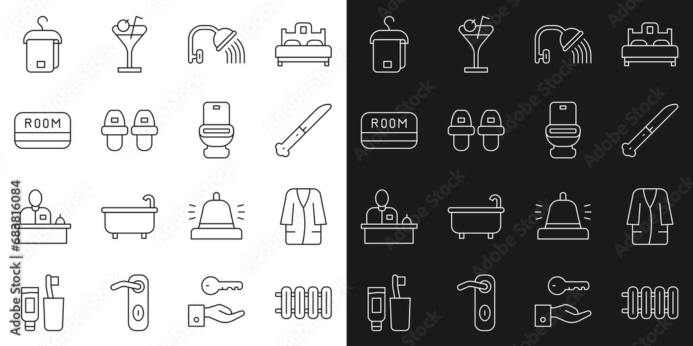 Set line Heating radiator, Bathrobe, Knife, Shower head, Hotel slippers, key card, Towel on hanger and Toilet bowl icon. Vector Set line Heating radiator, Bathrobe, Knife, Shower head, Hotel slippers, key card, Towel on hanger and Toilet bowl icon. Vector