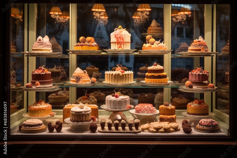 Pastry shop display window with cakes