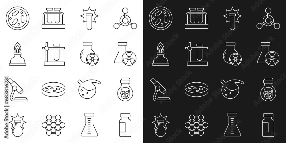 Set line Test tube and flask, Poison in bottle, radiation, Chemical explosion, stand, Alcohol or spirit burner, Petri dish with bacteria and icon. Vector Set line Test tube and flask, Poison in bottle, radiation, Chemical explosion, stand, Alcohol or spirit burner, Petri dish with bacteria and icon. Vector
