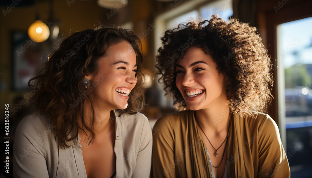 Naklejka premium Two multiracial young women laughing and having fun. Overjoyed young multiethnic girlfriends have fun together. Smiling happy millennial diverse female friends laugh entertain. Diversity, 