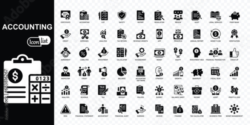  Accounting editable icons set. Accountant, financial, business firm tax, statement, calculator, and balance sheet icons . Vector illustration